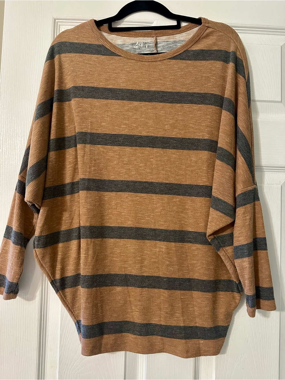 Striped Crewneck Sweater in Tan and Gray